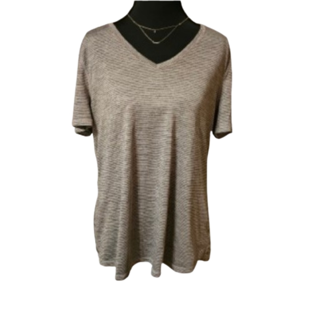 Athletic Works Women's Striped V-Neck Large Gray Short Sleeve Top